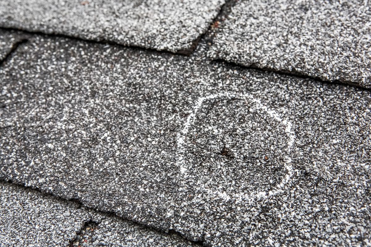close-up view of shingle damage after hail storm
