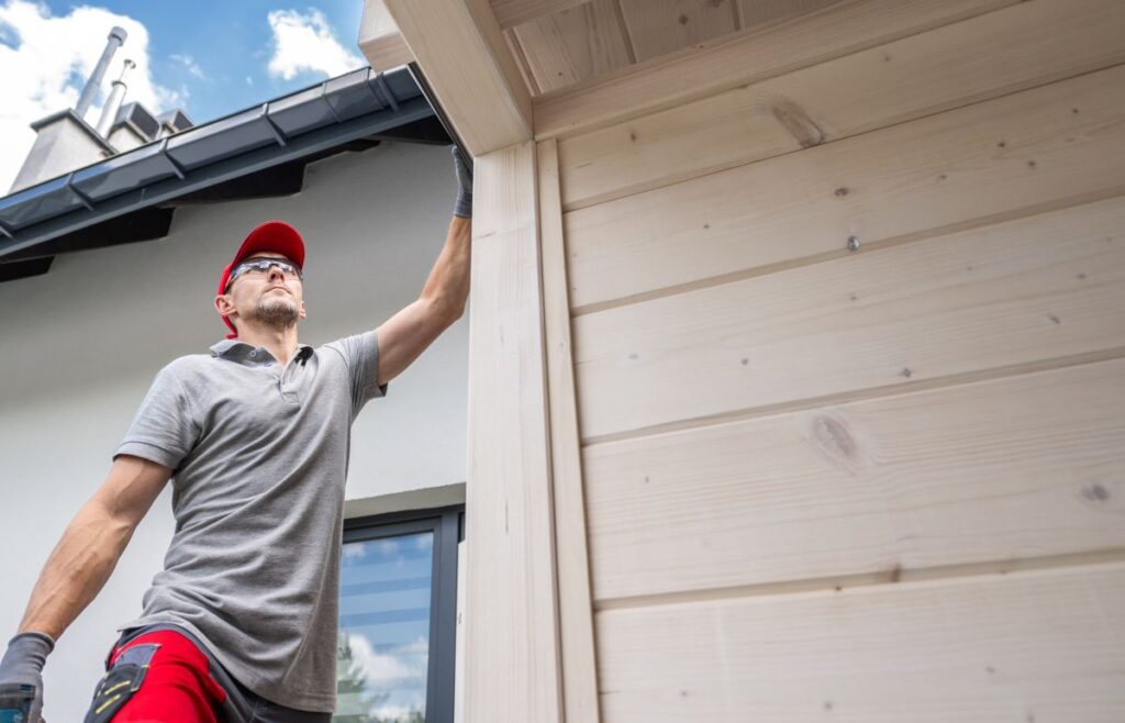 residential siding installation worker oudoors inspecting
