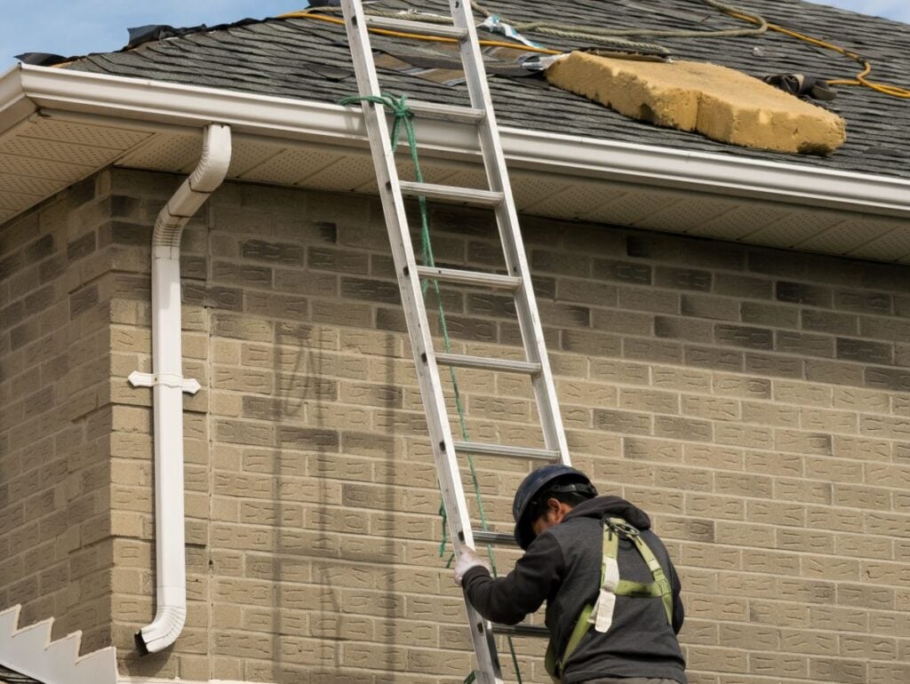 roof inspection checklist worker going up ladder