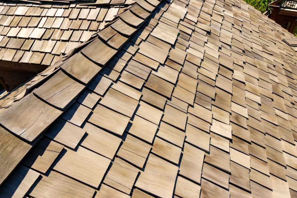 close-up of a cedar shake roof